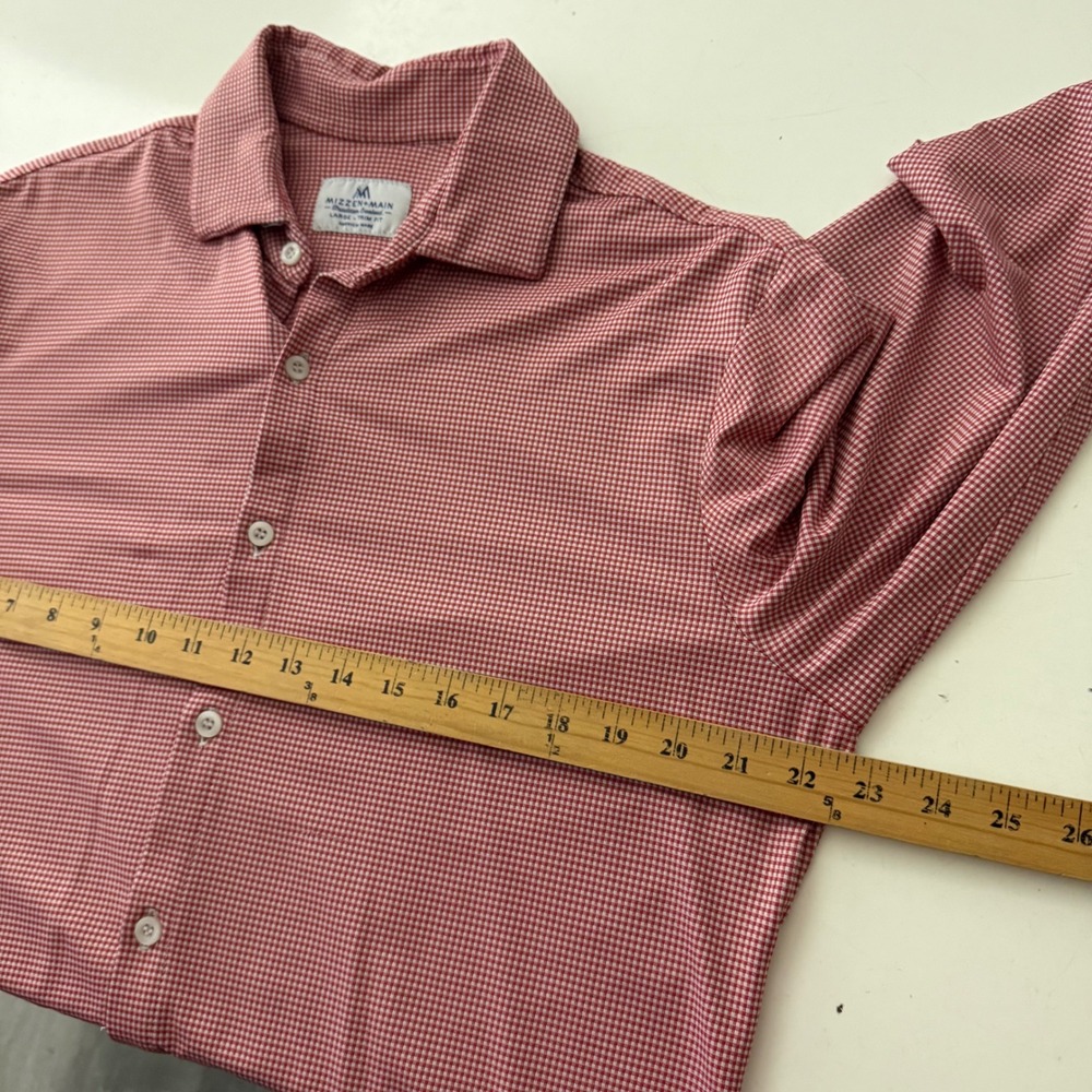 Mizzen+Main Men LARGE Trim Fit Micro Red Gingham Performance Dress Shirt Stretch - Picture 5 of 8